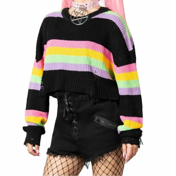 Killstar Sweaters - KILLSTAR The Rain Floor Rainbow Striped Knitted Cropped Sweater